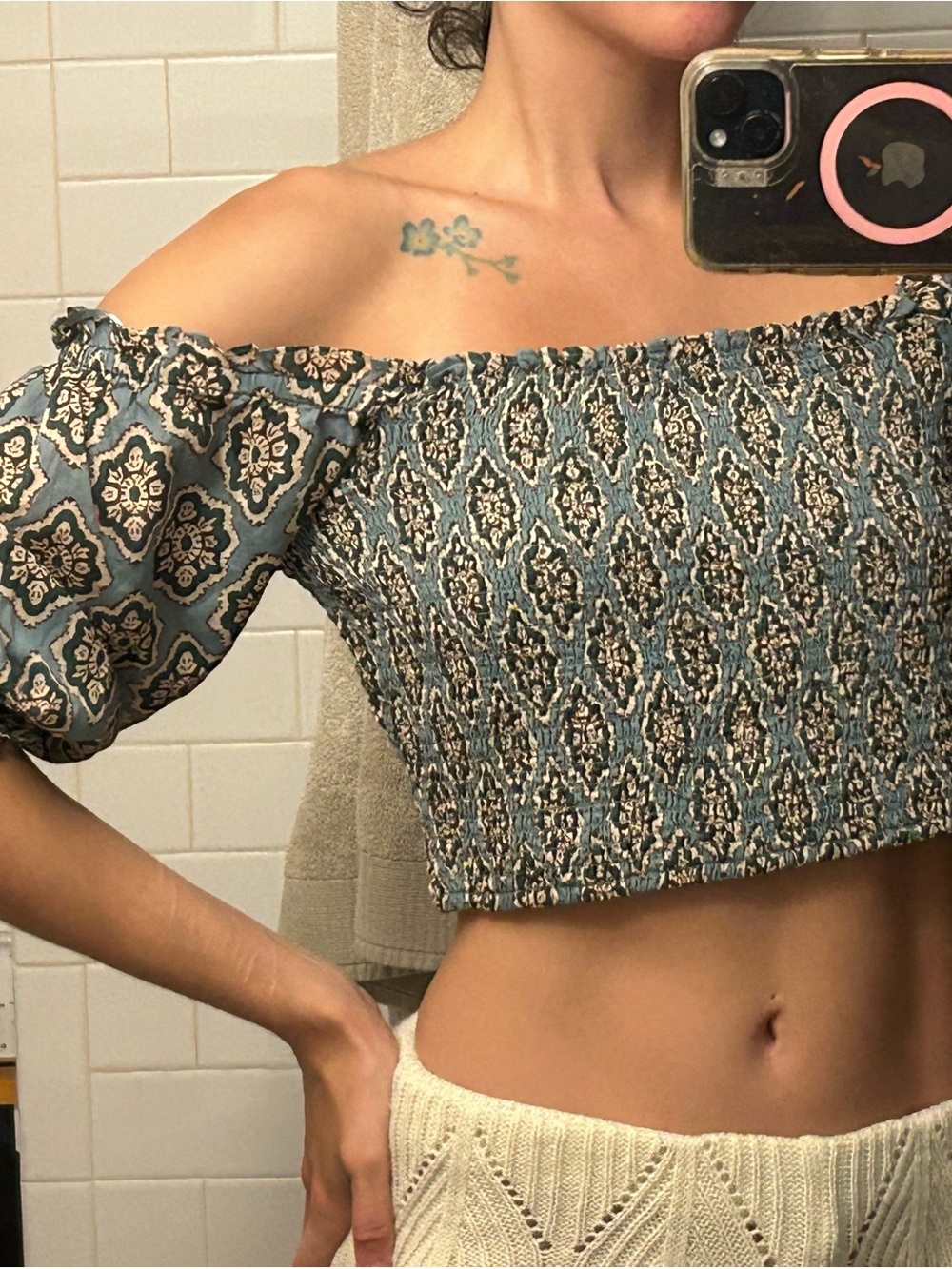 Zara Teal and Cream Smocked Off-Shoulder Crop Top